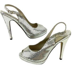 Jimmy Choo Silver Snake Print Leather Peep Toe Slingback Heels Size 37